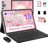 Android 15 Tablet 30GB RAM 128GB ROM 1TB TF, 2025 Electronics Tablets 10.1 Inch 8000mAh with Keyboard Mouse, 2.0GHz, 5G WiFi, BT 5.0, GMS Certified, Incell Display, Gemini AI – Rose Gold/Pink