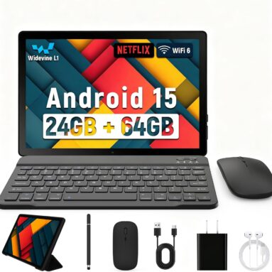 Latest 2025 Upgraded Android Tablet 10.1 Inch with IPS HD Touch Screen, Dual Camera, 64GB Storage 1TB Expansion, 8 in 1 Tablets Kit with Keyboard, Protective Case, Mouse, Stylus, BT 5.4, WiFi 6